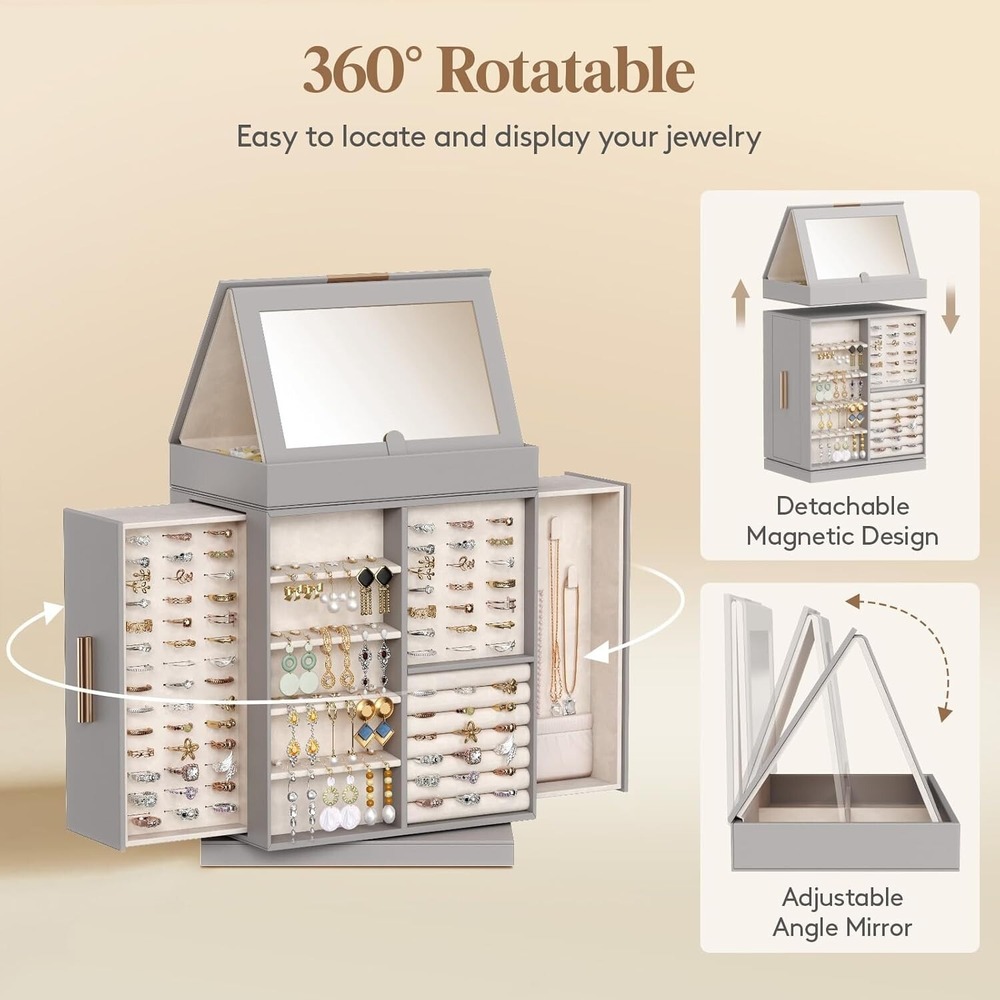 Lifewit 360 Rotating Jewelry Box wth Mirror, 2 Sides Plus 2 Large Drawers, White - Picture 4 of 5